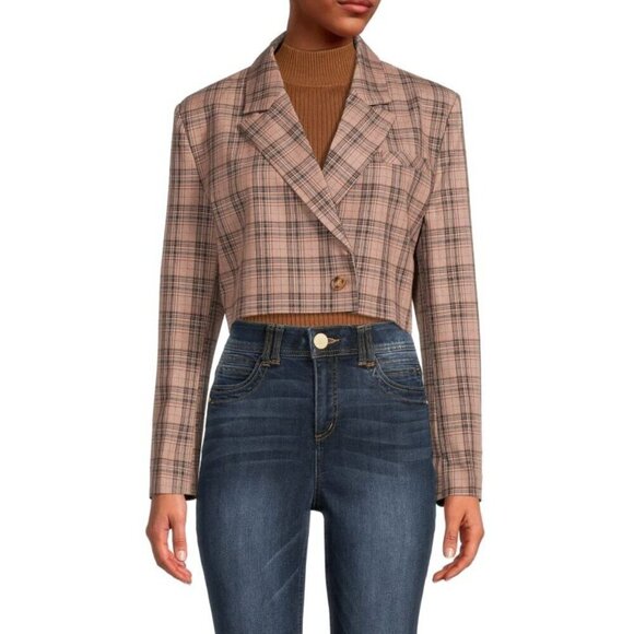 Lea & Viola Brown Jackets & Blazers - NWT Lea & Viola Women's Brown Plaid Long Sleeve Crop Blazer - Small